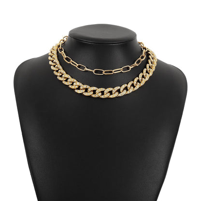 N137 Hip Hop Exaggerated Stacked Necklace Metal Cuban Chain Rhinestone Necklace Dinner Show Necklace