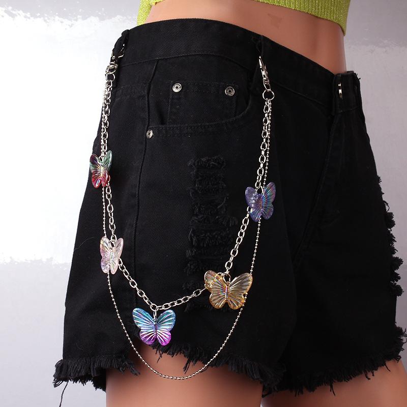 Trendy Street Retro Double Layer Resin Butterfly Pants Chain Hip Hop Beads Hanging Chain Belt Clothing Accessories