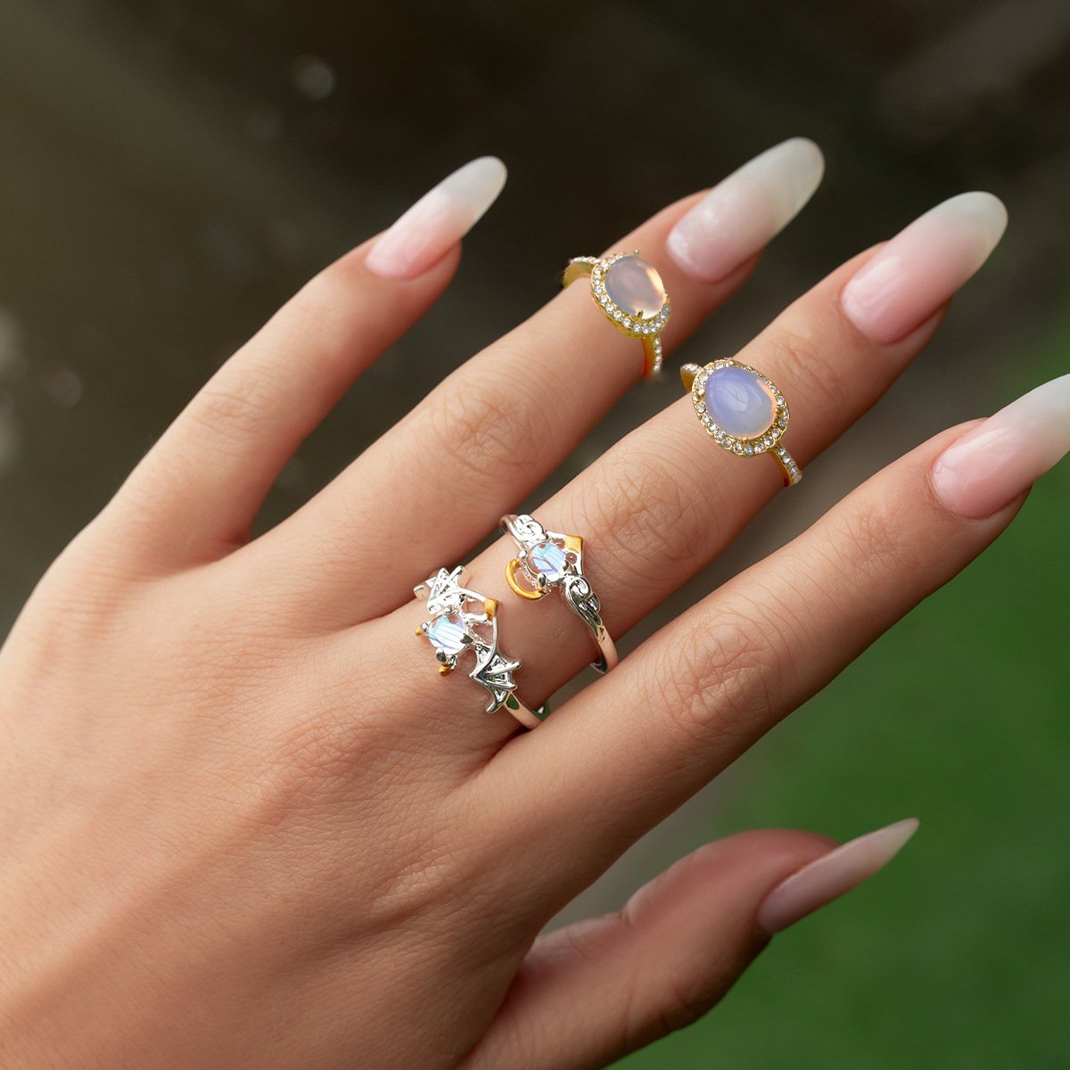 Jewelry simple cold geometric moonstone ring set female personality bat micro-inlaid ring