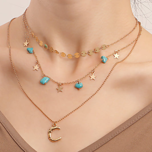Jewelry trendy multi-layer natural turquoise crescent pendant necklace female ins hot girl necklace