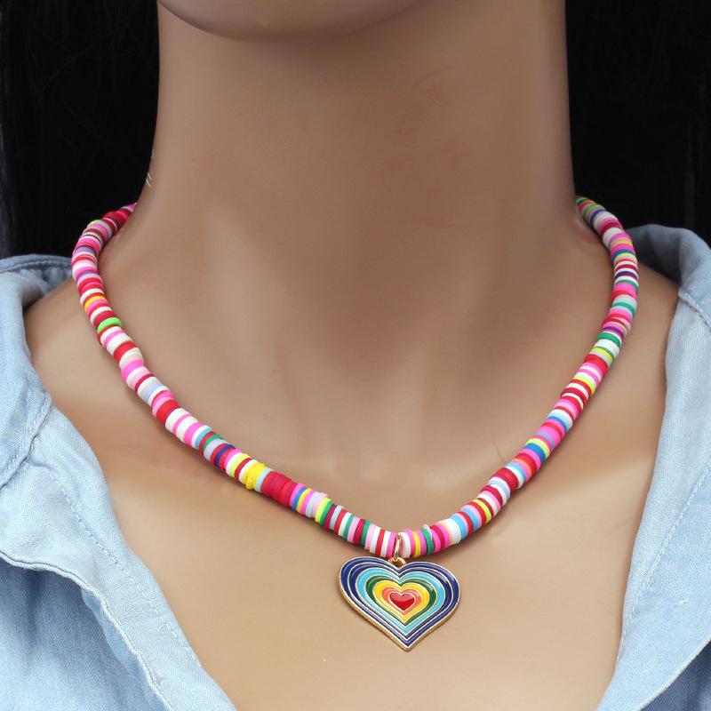Niche design sense rainbow color soft pottery beaded gradient color love necklace female simple all-match necklace