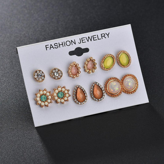 Pop Jewelry Earrings 6 Pairs Set Gemstone Stud Earrings