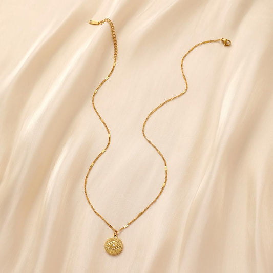 Simple ins ladies fashion stainless steel gold round pearl eyes coin choker necklace