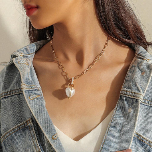 Simple Personality Creative Love Pearl Pendant Simple Fashion Cross Chain Temperament Exaggerated Necklace Clavicle Chain Female