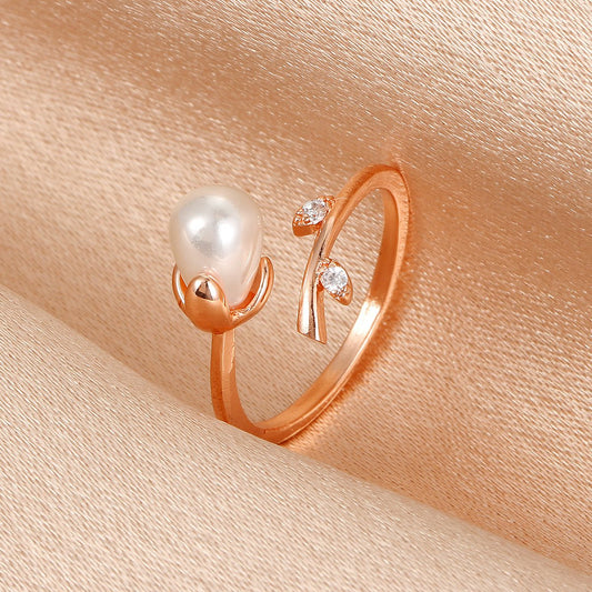 ins pearl flower ring Mori simple opening branch index finger ring niche design ring