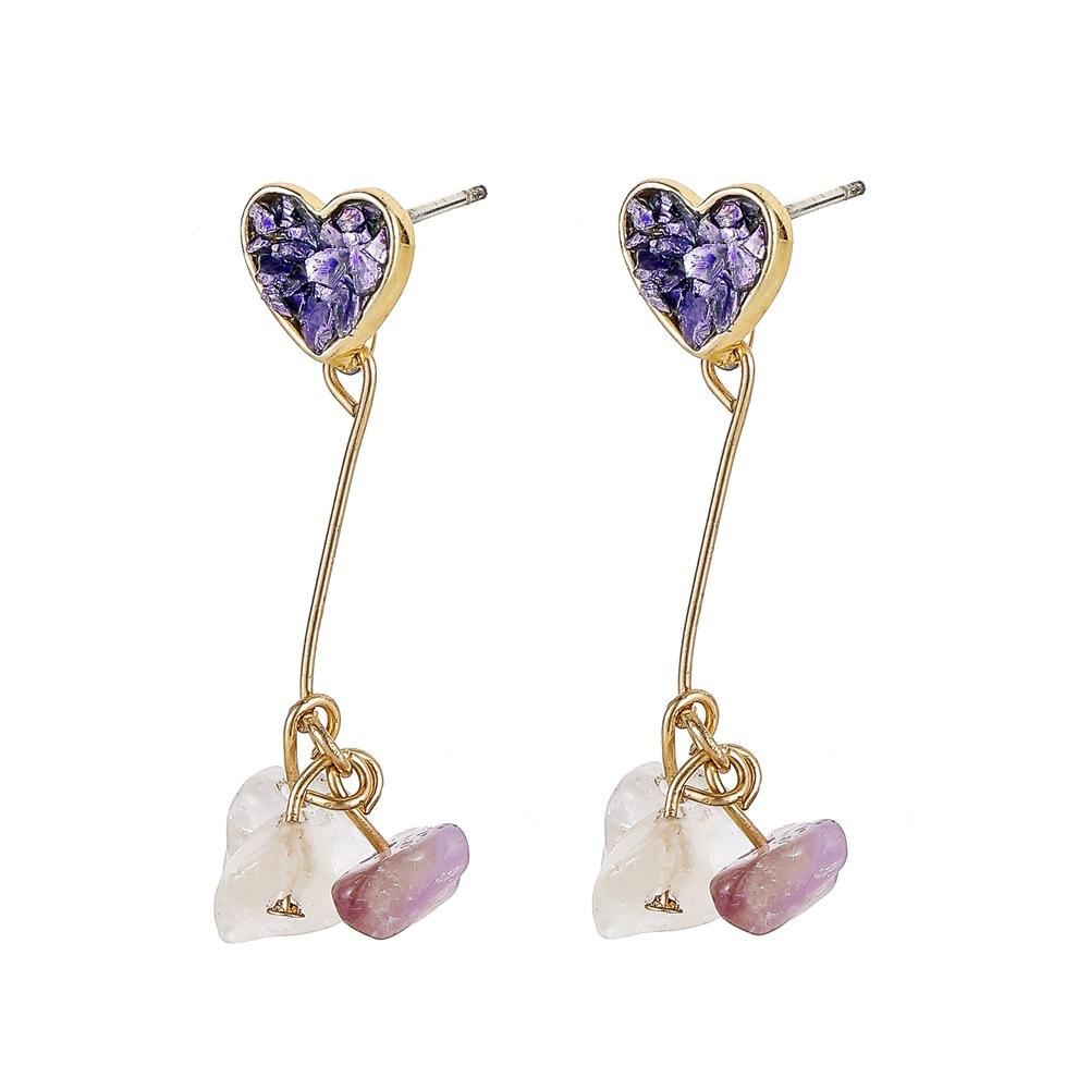 Fashion heart-shaped cute purple gravel earrings temperament long heart tassel rough stone ladies earrings jewelry