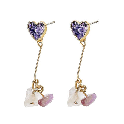 Fashion heart-shaped cute purple gravel earrings temperament long heart tassel rough stone ladies earrings jewelry
