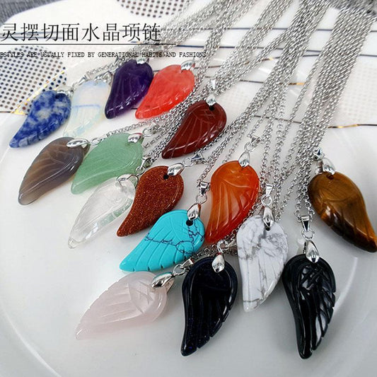 Angel Wings Crystal Pendant Natural Rose Quartz Carved Necklace Fashion Men's and Women's Necklace Including Chain