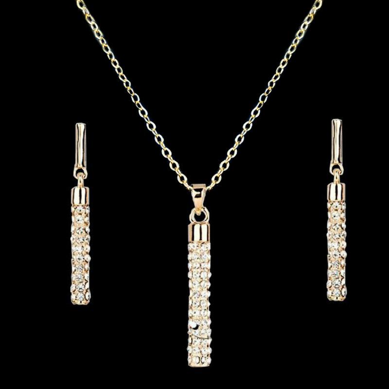 Fashion Ladies Rhinestone Full Diamond Cylinder Necklace Earrings Set Jewelry