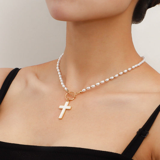 Jewelry ins cross imitation pearl necklace collarbone chain women's sweater chain trendy new Chinese necklace