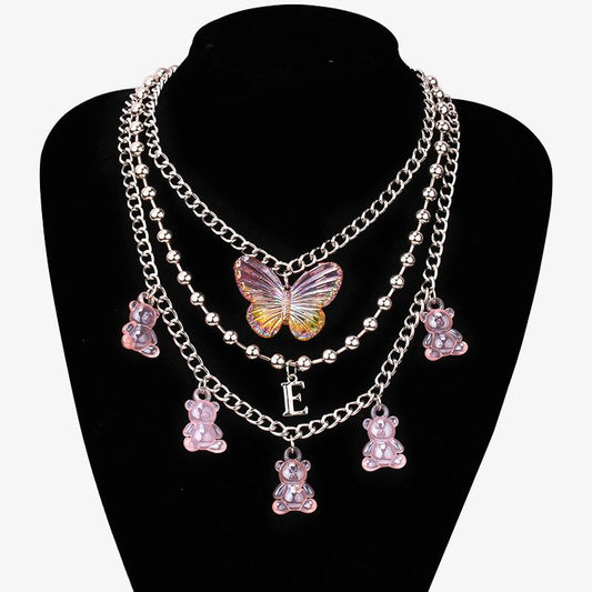 Jewelry simple multi-layer ball chain necklace female retro bear butterfly pendant necklace set