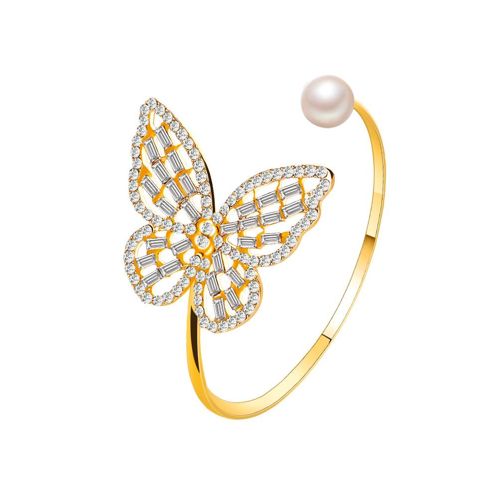 Temperament all-match hollow zircon butterfly bracelet exaggerated pearl crystal opening adjustable bracelet