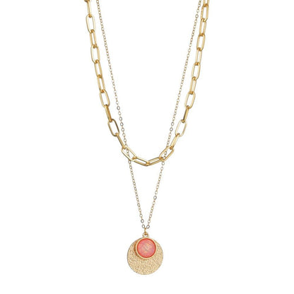 Fashion Round Alloy Resin Bezel Diamond Pendant Necklace Retro Square Line Double Layer Necklace Accessories
