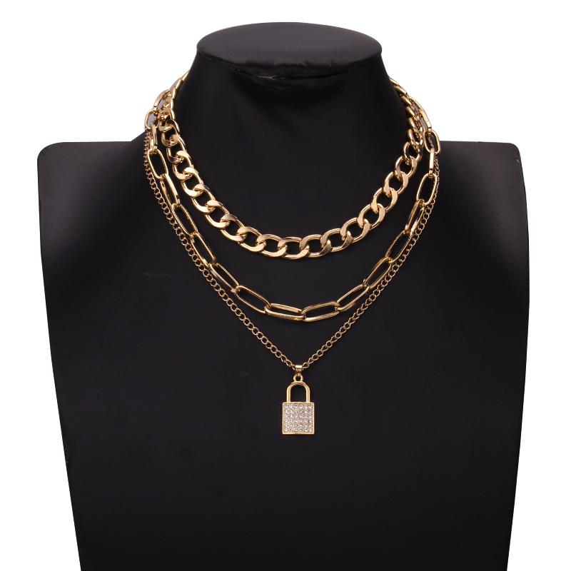 Jewelry thick chain multi-layer necklace punk temperament diamond padlock pendant multi-layer clavicle chain