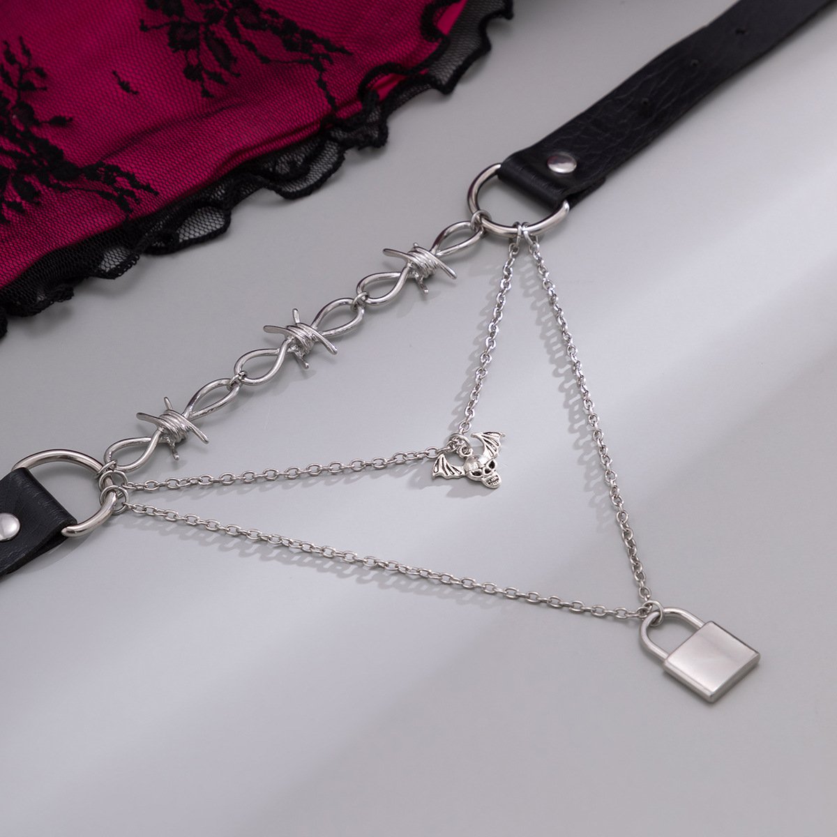 Jewelry Harajuku Gothic PU Belt Buckle Head Necklace Sweet Cool Punk Skull Lock Necklace