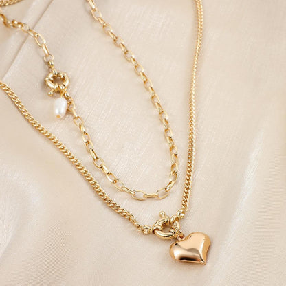 Simple Personality Fashion Versatile Double Layer Love Freshwater Pearl Lock Necklace For Women