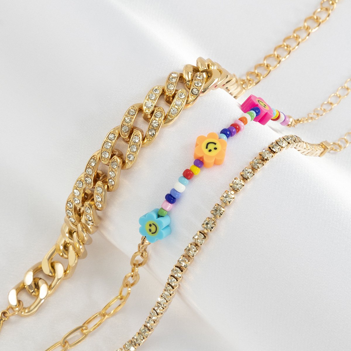 Retro Hip-Hop Full Diamond Cuban Chain Bracelet Set Punk Street Shooting Claw Chain Soft Pottery Beads Smiley Hand Jewelry