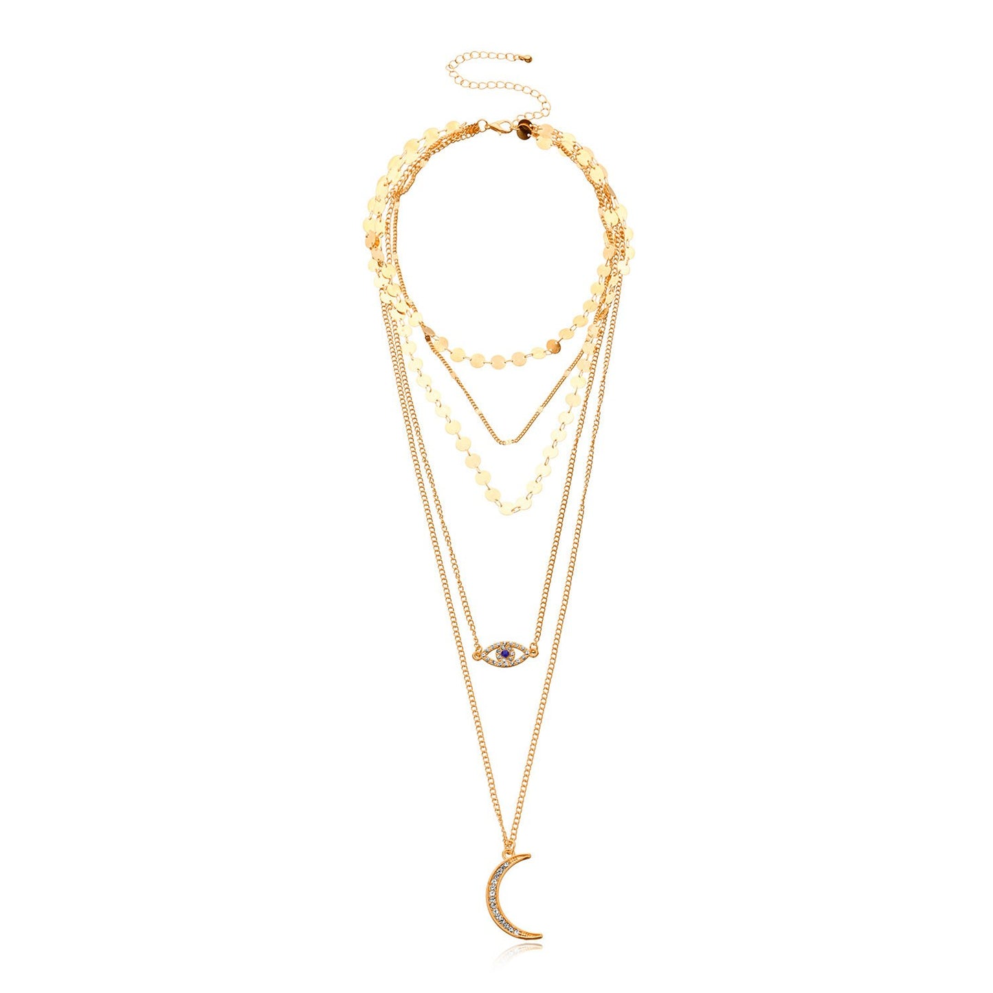 Jewelry Fashion Diamond Crescent Pendant Necklace Female Retro Multi-layer Round Geometric Sequins Necklace