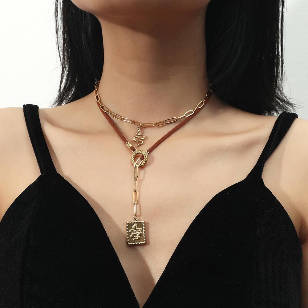 Stainless Steel Leather Rope Double Layer Necklace Small Snake Square Brand Totem Pendant Fashion Temperament Clavicle Chain Female