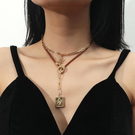 Stainless Steel Leather Rope Double Layer Necklace Small Snake Square Brand Totem Pendant Fashion Temperament Clavicle Chain Female