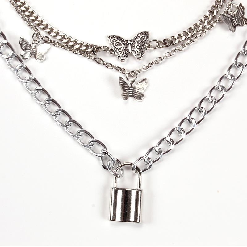 Retro Chain Padlock Butterfly Pendant Women's Creative Multi-element Fashion Fashion Necklace