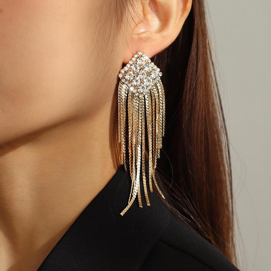 E126 Fashion Tassel Long Earrings Temperament Elegant Diamond Earrings Geometric Creative Internet Celebrity Earrings