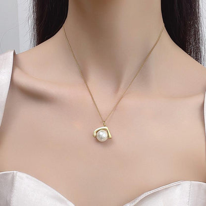 Pearl U-shaped necklace female niche design sense stainless steel temperament ins irregular retro fashion clavicle chain