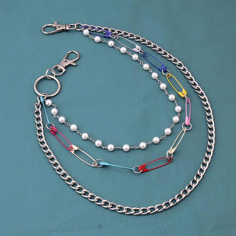 Jewelry personality pearl chain metal waist chain ins fashion multi-color pin multi-layer pants chain