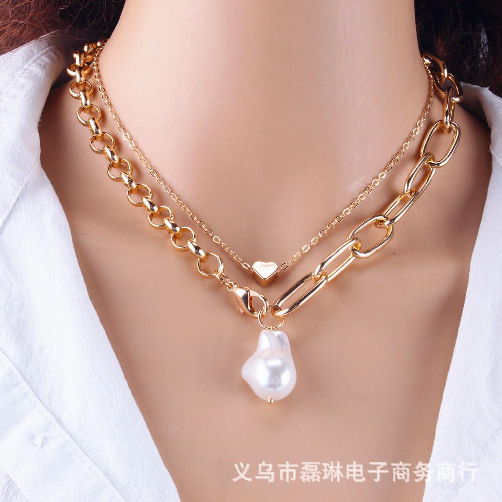 Jewelry baroque special-shaped pearl copper peach heart multi-layer simple necklace female two-piece set