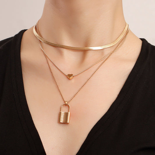 Jewelry Punk Multilayer Flat Snake Chain Padlock Love Pendant Necklace Women's Sweater Chain Advanced Sense Necklace