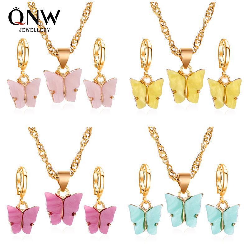 Fashion 2pcs Set Jewelry Acrylic Butterfly Necklace Earrings Set Ornament