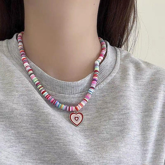Jewelry Bohemian Necklace Personality Drip Oil Love Pendant Fashion Rainbow Polymer Clavicle Chain
