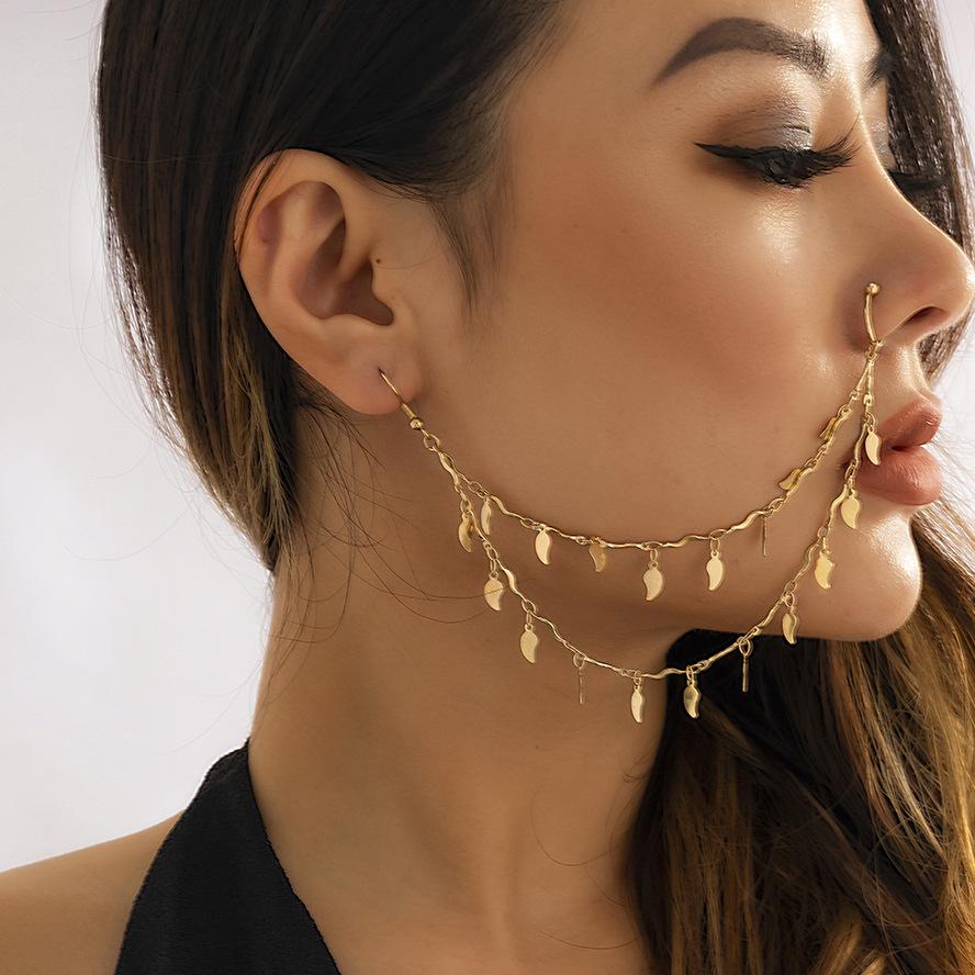 Jewelry creative metal star-shaped earrings national imitation pearl sequins tassel earrings nose clip