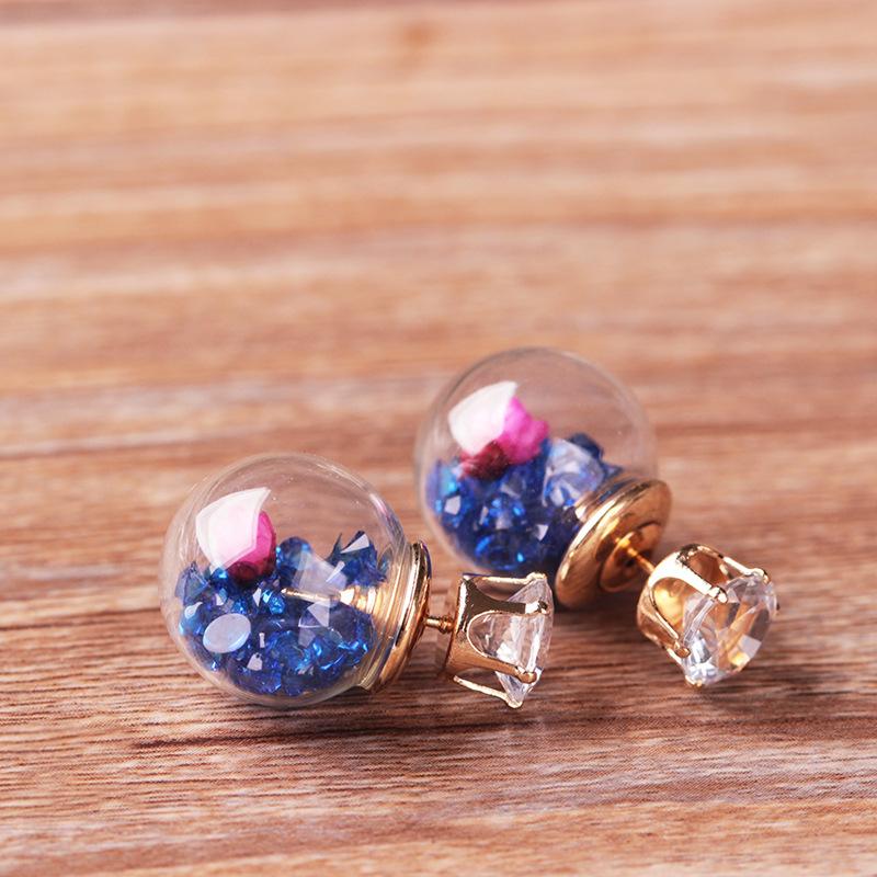 Fashion Glass Ball Broken Diamond Dried Flower Stud Earrings Taobao Double-sided Spherical Earrings Jewelry