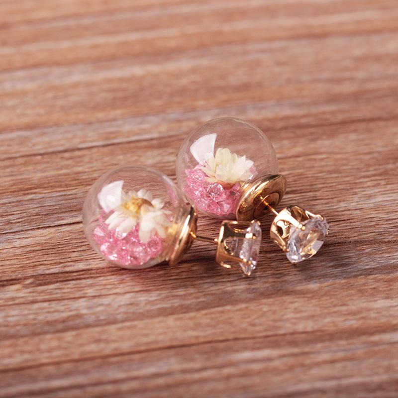 Fashion Glass Ball Broken Diamond Dried Flower Stud Earrings Taobao Double-sided Spherical Earrings Jewelry