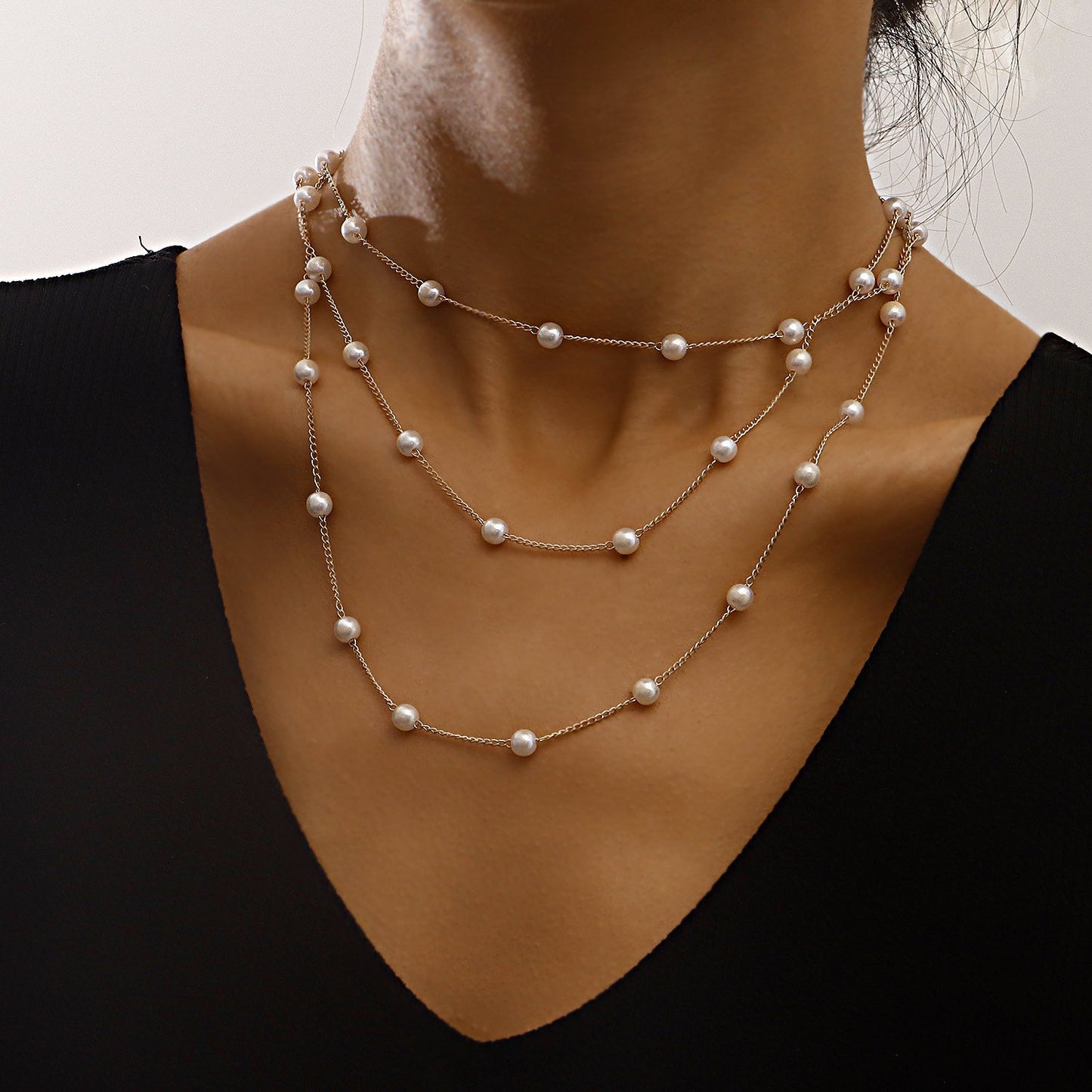 Jewelry simple geometric thin chain pearl multi-layer necklace female personality light luxury pearl necklace