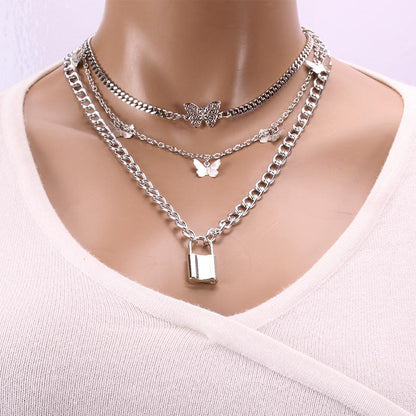 Retro Chain Padlock Butterfly Pendant Women's Creative Multi-element Fashion Fashion Necklace