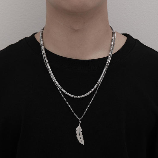 Light luxury niche simple titanium steel necklace stainless steel double feather leaf snake bone chain sweater chain