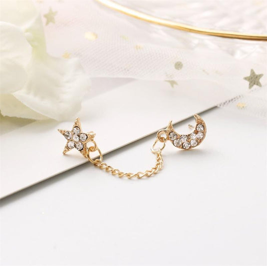 Star Moon Full Diamond Chain Earring Single Ear Double Hole Stud Earrings Fashion Jewelry