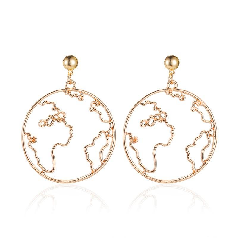 Exaggerated map earrings creative design world map earrings earrings simple round hollow earrings