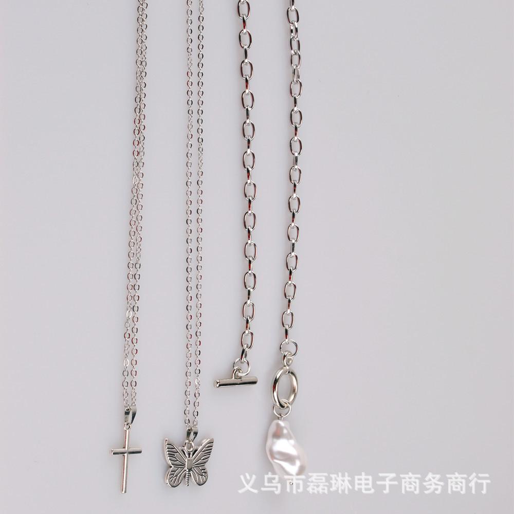 Jewelry Retro Multi-layer Cross Baroque Pearl Butterfly Necklace Female Detachable Three-piece Set