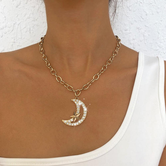 N9211 Personality Diamond Necklace Metal Texture Moon Necklace Cold and Cool Street Shot Necklace