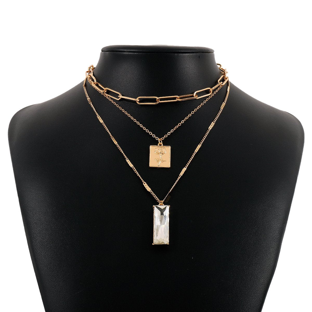 1442 Minority Stacked Retro Square Brand Rose Necklace Exaggerated Geometric Chain Acrylic Diamond Necklace