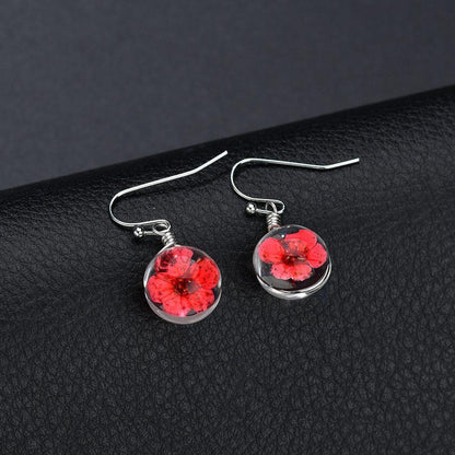 Retro Fashion Temperament Real Flowers Dried Flowers Crystal Ball Pendant Earrings Female Scenic Ethnic Jewelry