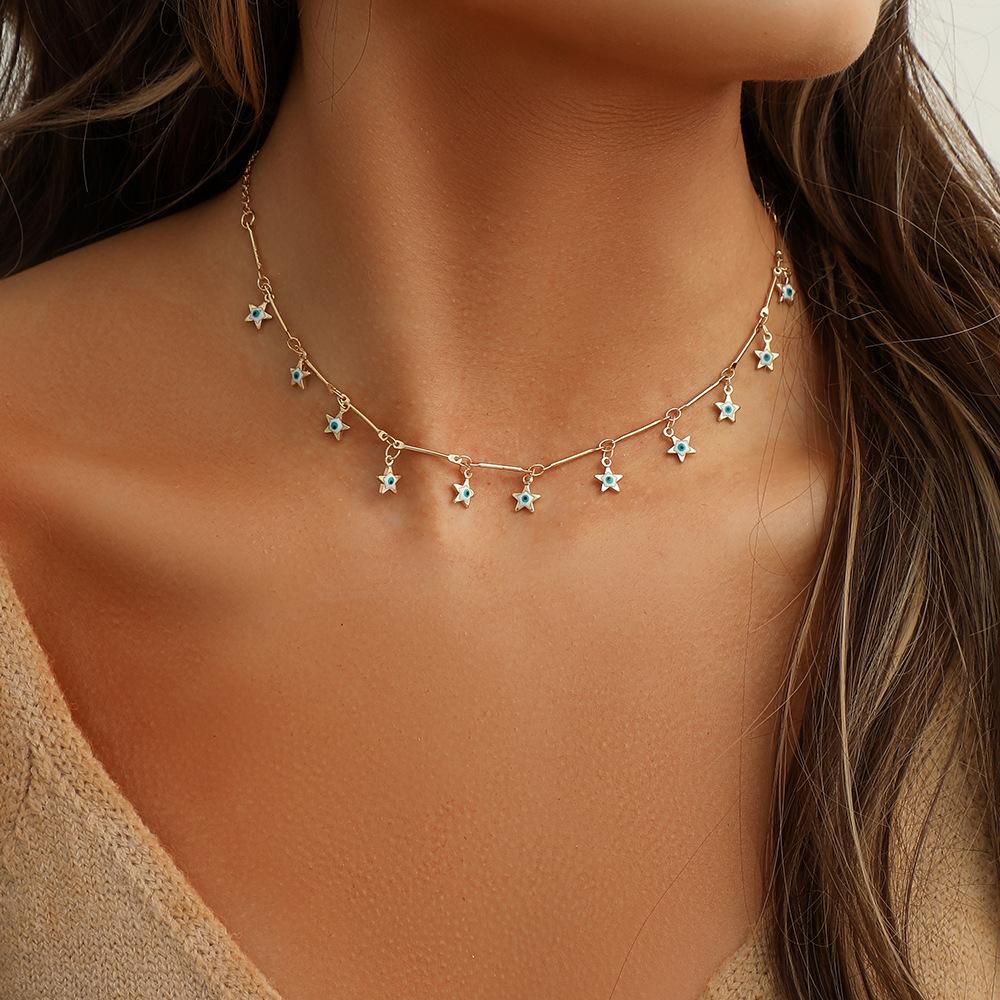 Clavicle chain personality fashion five-pointed star dripping oil eyes short collarbone necklace neck chain female