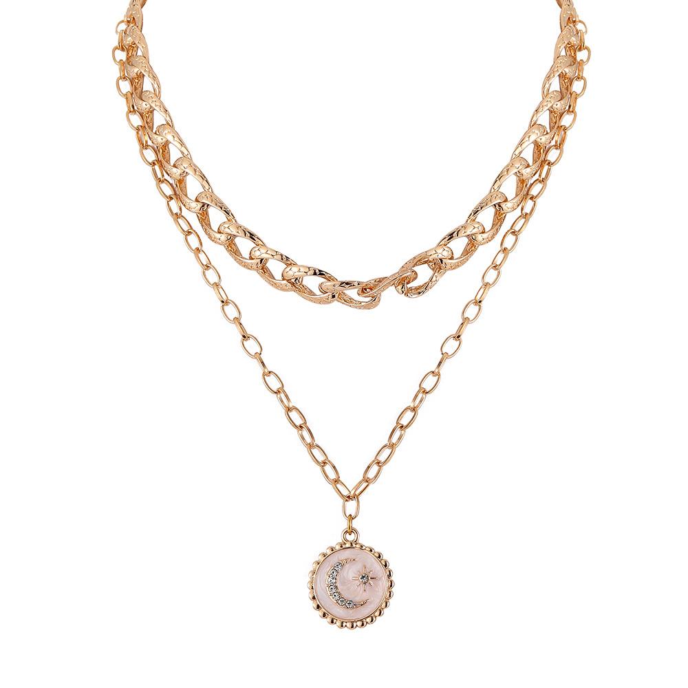Fashion light luxury niche design sense double-layer Cuban chain round coin moon star drop oil necklace female