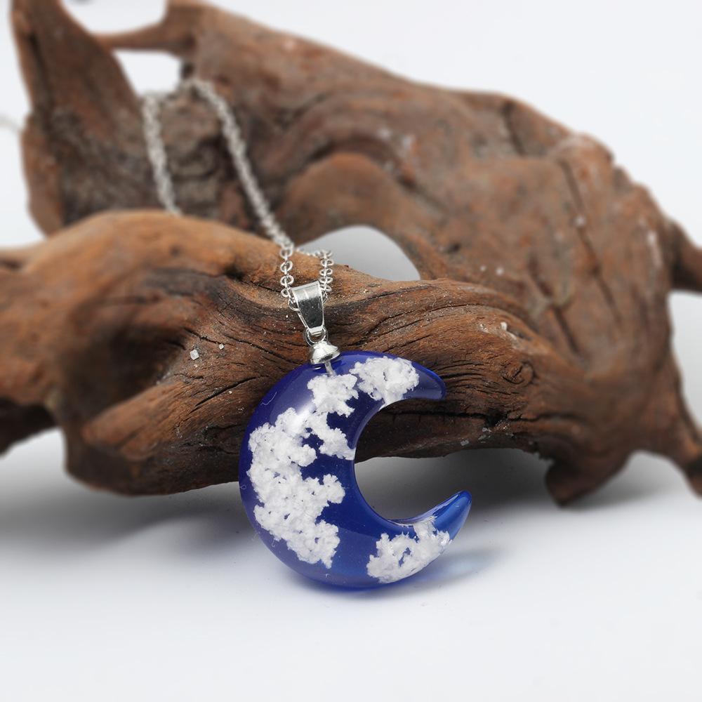 ETSY creative fashion handmade jewelry blue sky white cloud forest transparent blue moon resin pendant necklace