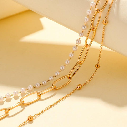 Ins popular fashion Hong Kong choker necklace simple metallic temperament pearl versatile multi-layer necklace female