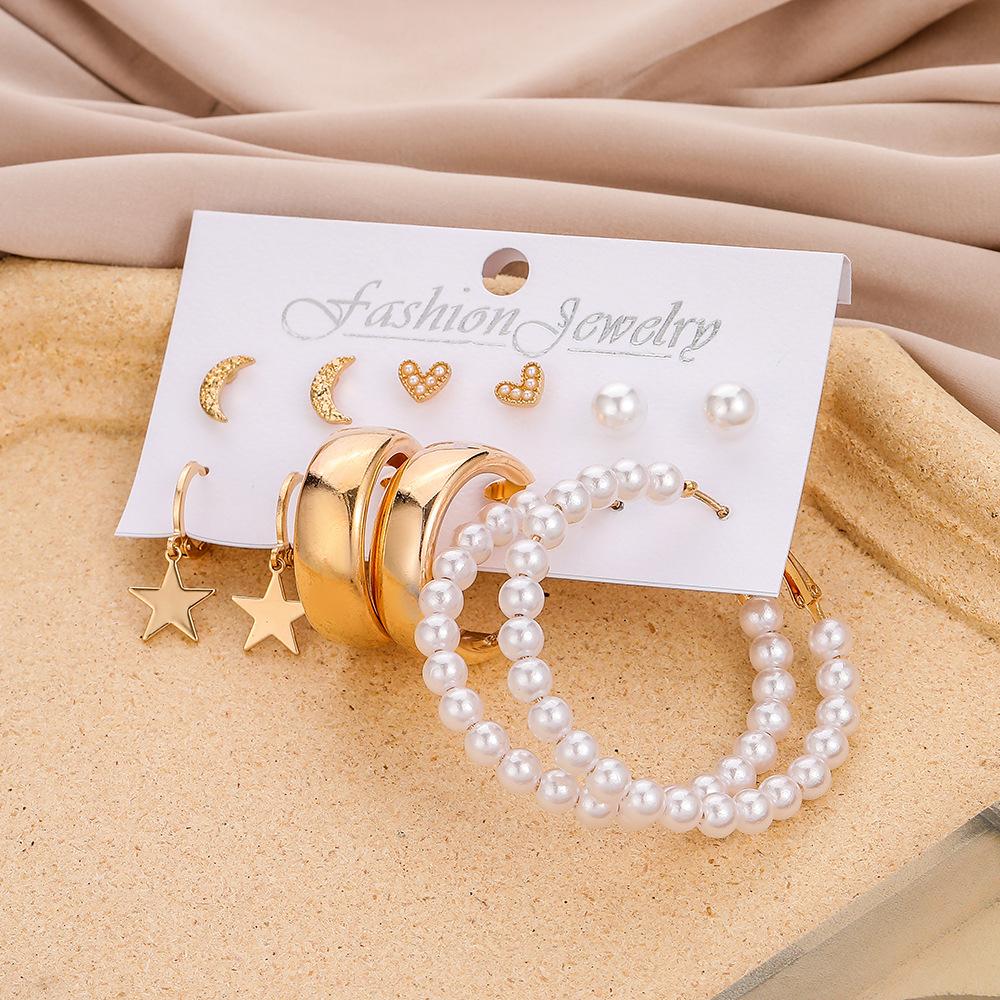 Trendy simple five-pointed star pearl love moon earring small fresh ins retro earring set