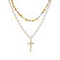 Necklace Personalized Colorful Rice Bead Necklace Fashion Double Layer Pearl Cross Trend Metal Necklace